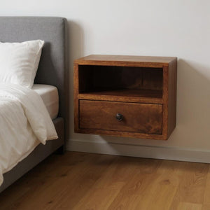 HomeRoots 12" Chestnut Floating Nightstand - Handcrafted Solid Wood with Drawer & Shelf for Space-Saving Style 653830