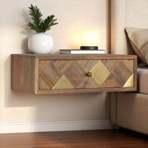 HomeRoots 18" Brown Solid Wood Floating Nightstand with Hand-Carved Geometric Design for Modern Spaces 653837