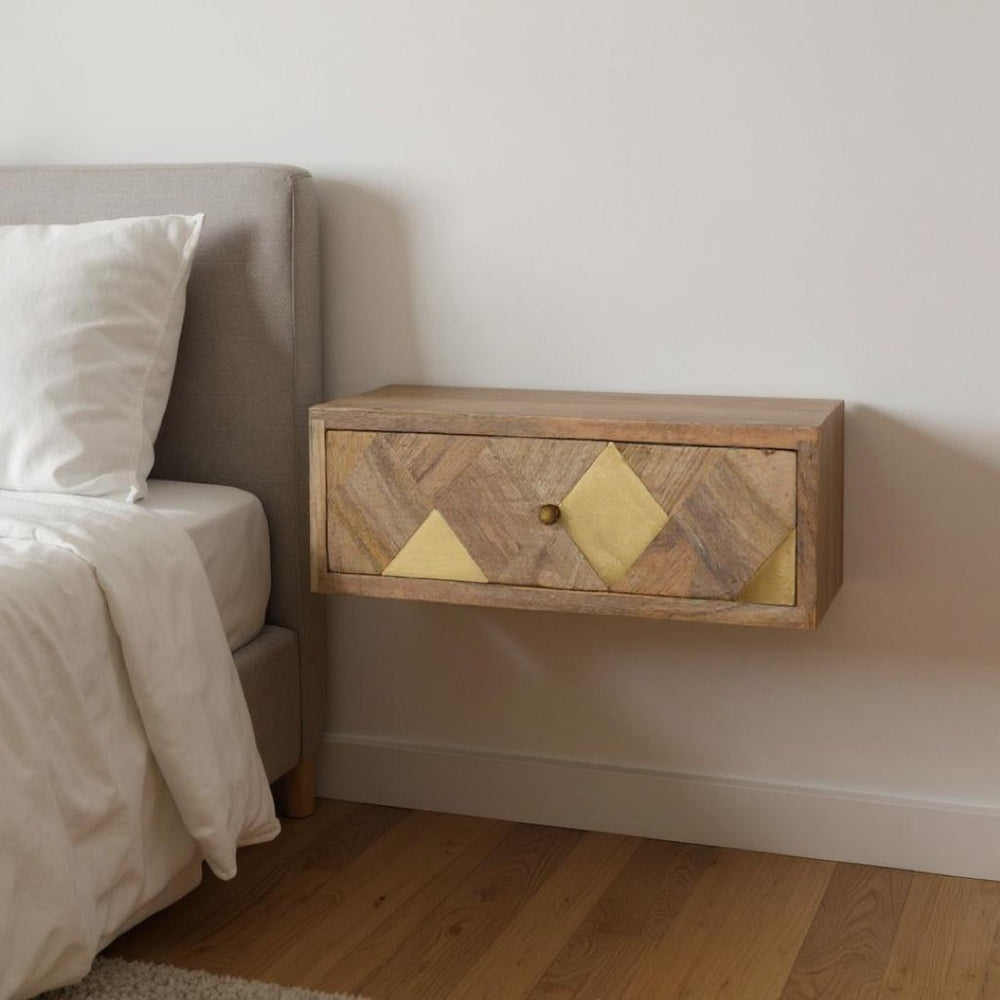 HomeRoots 18" Brown Solid Wood Floating Nightstand with Hand-Carved Geometric Design for Modern Spaces 653837