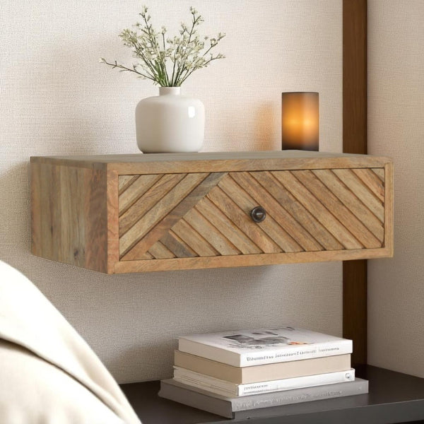 HomeRoots 18" Natural Solid Wood Nightstand - Handcrafted Geometric Design, Wall-Mounted, Compact Storage Solution 653838