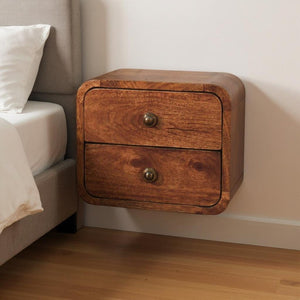 HomeRoots 12" Brown Solid Wood Floating Nightstand with Two Drawers - Rustic, Space-Saving Elegance for Any Room 653840