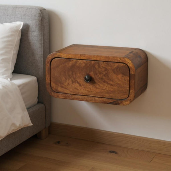 HomeRoots 12" Chestnut Solid Wood Floating Nightstand - Modern Design with Easy-Glide Drawer for Small Spaces 653841