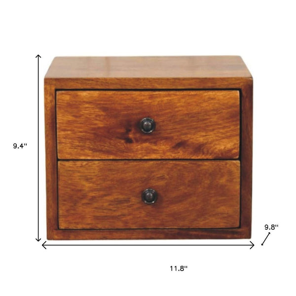 HomeRoots 12" Chestnut Solid Wood Floating Nightstand with Drawers - Modern Wall-Mounted Space Saver Design 653842