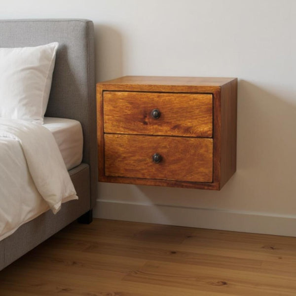 HomeRoots 12" Chestnut Solid Wood Floating Nightstand with Drawers - Modern Wall-Mounted Space Saver Design 653842
