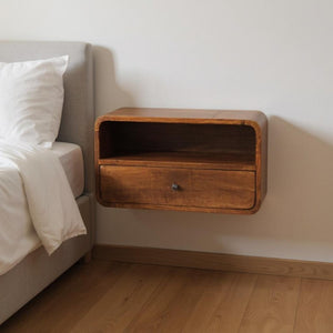 HomeRoots 22" Chestnut Floating Nightstand - Handcrafted Solid Mango Wood with Drawer & Shelf for Storage 653843
