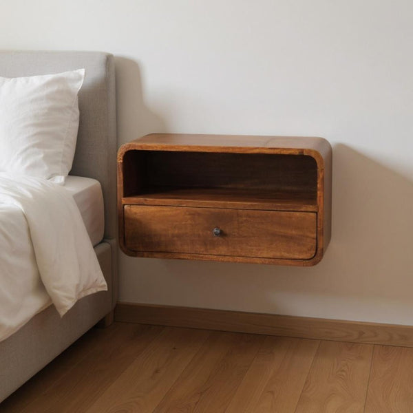 HomeRoots 22" Chestnut Floating Nightstand - Handcrafted Solid Mango Wood with Drawer & Shelf for Storage 653843