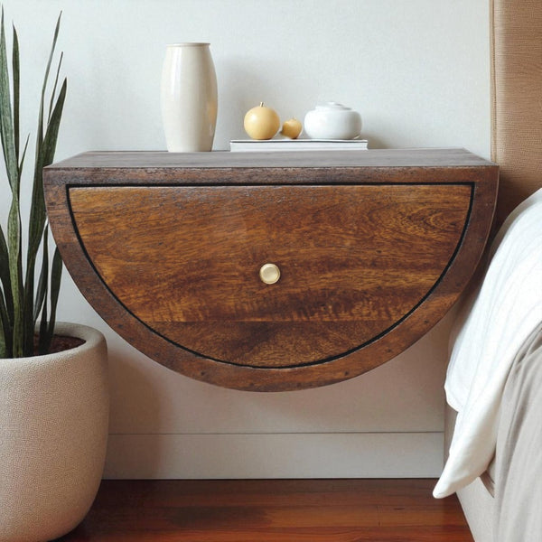 HomeRoots 18" Chestnut Floating Nightstand - Handcrafted Mango Wood Half-Moon Design with Drawer Storage 653844