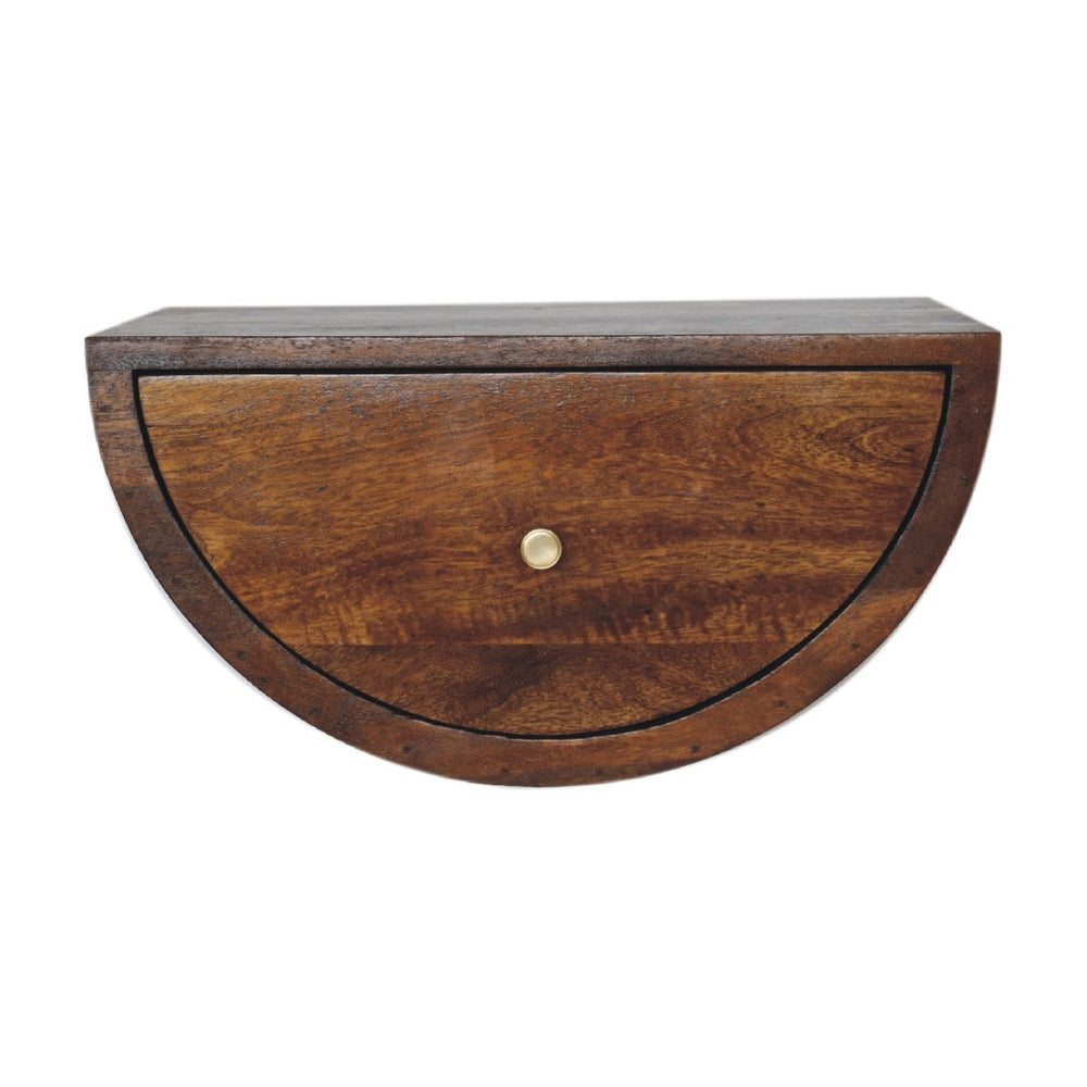 HomeRoots 18" Chestnut Floating Nightstand - Handcrafted Mango Wood Half-Moon Design with Drawer Storage 653844