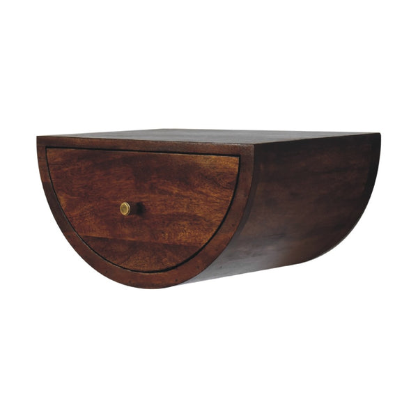 HomeRoots 18" Chestnut Floating Nightstand - Handcrafted Mango Wood Half-Moon Design with Drawer Storage 653844