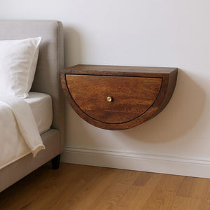 HomeRoots 18" Chestnut Floating Nightstand - Handcrafted Mango Wood Half-Moon Design with Drawer Storage 653844