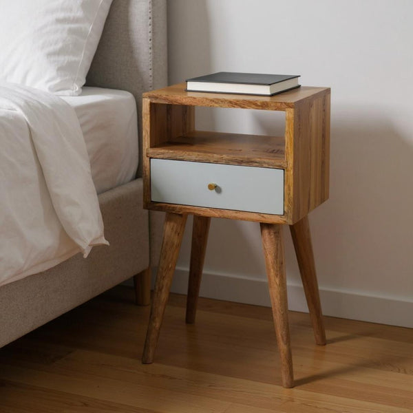 HomeRoots 22" Charming Chestnut and Sky Blue Solid Mango Wood Nightstand with Stylish Storage Drawer 653846