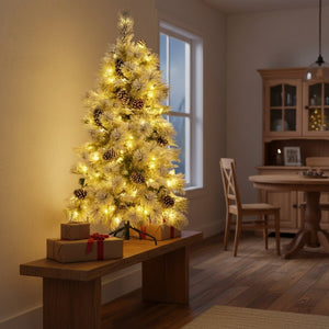 HomeRoots 4' Pre Lit Extra Full Frosted Pine Christmas Tree – Warm LED Lights, Pinecones & Easy Setup! 653847