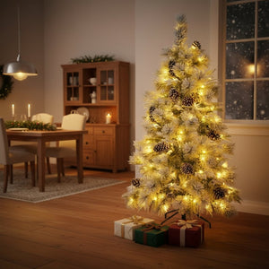 HomeRoots 4' Pre Lit Extra Full Frosted Pine Christmas Tree – Warm LED Lights, Pinecones & Easy Setup! 653847