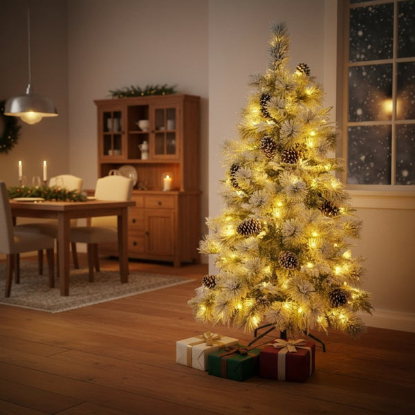 HomeRoots 4' Pre Lit Extra Full Frosted Pine Christmas Tree – Warm LED Lights, Pinecones & Easy Setup! 653847