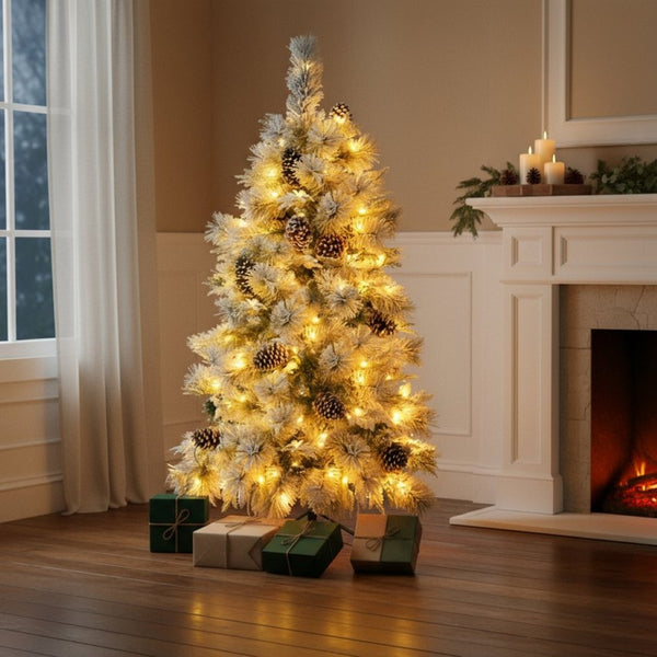 HomeRoots 4' Pre Lit Extra Full Frosted Pine Christmas Tree – Warm LED Lights, Pinecones & Easy Setup! 653847