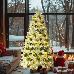 HomeRoots 6' Pre-Lit Extra Full Frosted Pine Christmas Tree with 250 LED Lights, Pinecones & Easy Assembly 653848