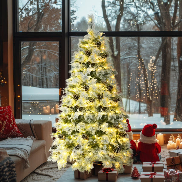 HomeRoots 6' Pre-Lit Extra Full Frosted Pine Christmas Tree with 250 LED Lights, Pinecones & Easy Assembly 653848