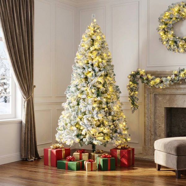 HomeRoots Three Piece Pre-Lit Frosted Pine Christmas Tree Set with Wreath & Garland - Festive Decor Magic! 653849