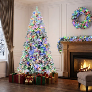 HomeRoots Three Piece Pre-Lit Frosted Pine Christmas Tree Set with Wreath & Garland - Festive Decor Magic! 653849