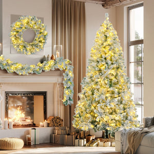 HomeRoots Three Piece Pre-Lit Frosted Pine Christmas Tree Set with Wreath & Garland - Festive Decor Magic! 653849