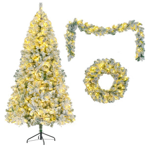 HomeRoots Three Piece Pre-Lit Frosted Pine Christmas Tree Set with Wreath & Garland - Festive Decor Magic! 653849