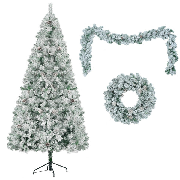 HomeRoots Three Piece Pre-Lit Frosted Pine Christmas Tree Set with Wreath & Garland - Festive Decor Magic! 653849