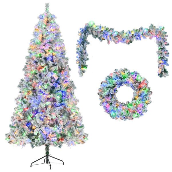 HomeRoots Three Piece Pre-Lit Frosted Pine Christmas Tree Set with Wreath & Garland - Festive Decor Magic! 653849