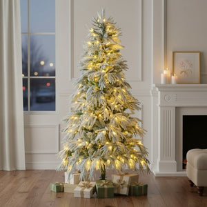 HomeRoots 6' Pre-Lit Frosted Pine Christmas Tree - Extra Full, 300 LED Lights, Easy Setup & Realistic Snow Look 653850
