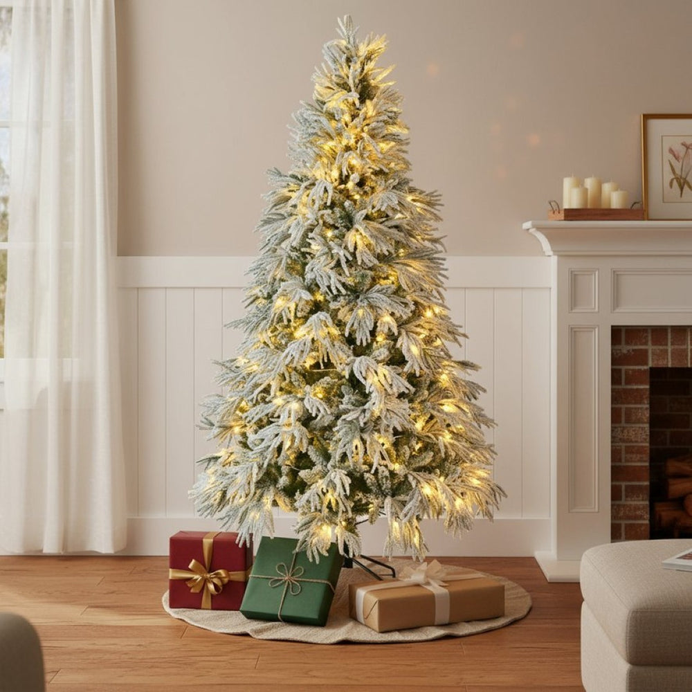 HomeRoots 7.5' Pre Lit Frosted Pine Christmas Tree - Extra Full, 350 LED Lights, Easy Setup & Low Maintenance 653851