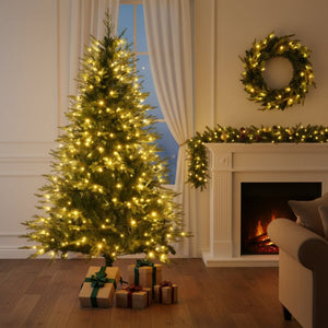 HomeRoots Three Piece Pre-Lit Extra Full Frosted Pine Christmas Tree Set with Wreath & Garland for Festive Charm 653852