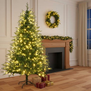 HomeRoots Three Piece Pre-Lit Extra Full Frosted Pine Christmas Tree Set with Wreath & Garland for Festive Charm 653852