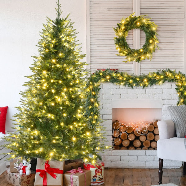 HomeRoots Three Piece Pre-Lit Extra Full Frosted Pine Christmas Tree Set with Wreath & Garland for Festive Charm 653852