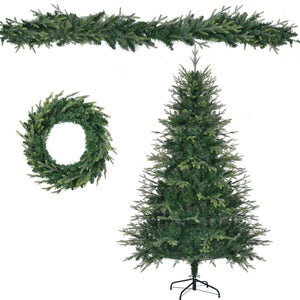 HomeRoots Three Piece Pre-Lit Extra Full Frosted Pine Christmas Tree Set with Wreath & Garland for Festive Charm 653852