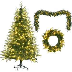 HomeRoots Three Piece Pre-Lit Extra Full Frosted Pine Christmas Tree Set with Wreath & Garland for Festive Charm 653852