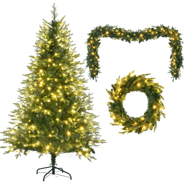 HomeRoots Three Piece Pre-Lit Extra Full Frosted Pine Christmas Tree Set with Wreath & Garland for Festive Charm 653852