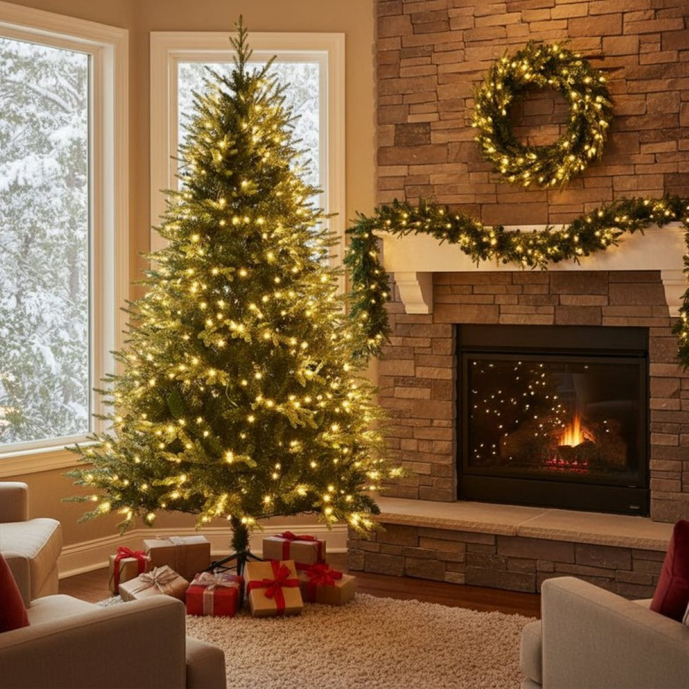 HomeRoots Three Piece Pre-Lit Extra Full Frosted Pine Christmas Tree Set with Wreath & Garland for Festive Charm 653852