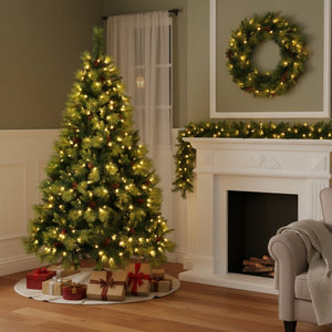 HomeRoots 6' Pre Lit Extra Full Pine Christmas Tree Set with Wreath & Garland - Cozy Holiday Décor Solution! 653853