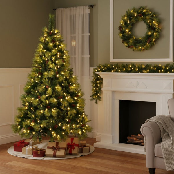 HomeRoots 6' Pre Lit Extra Full Pine Christmas Tree Set with Wreath & Garland - Cozy Holiday Décor Solution! 653853