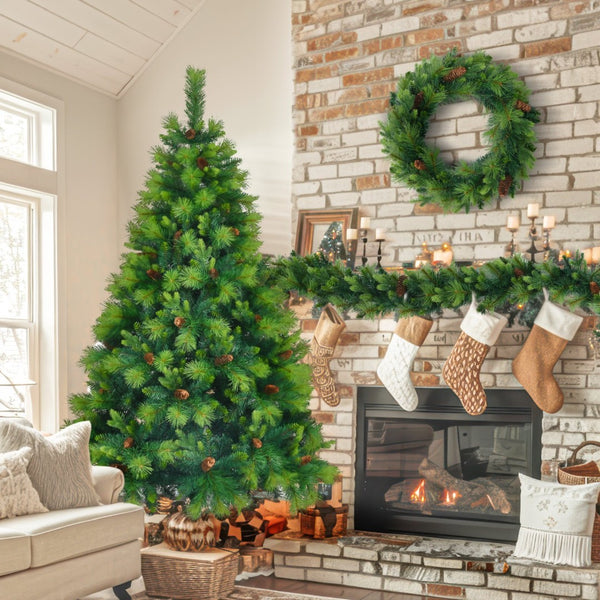 HomeRoots 6' Pre Lit Extra Full Pine Christmas Tree Set with Wreath & Garland - Cozy Holiday Décor Solution! 653853
