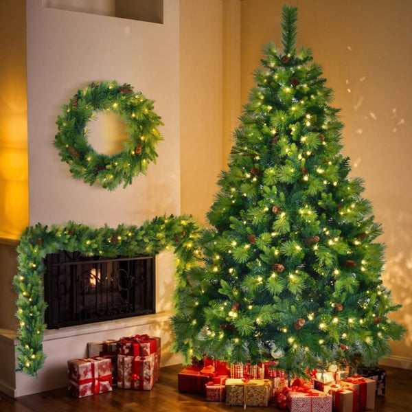 HomeRoots 6' Pre Lit Extra Full Pine Christmas Tree Set with Wreath & Garland - Cozy Holiday Décor Solution! 653853