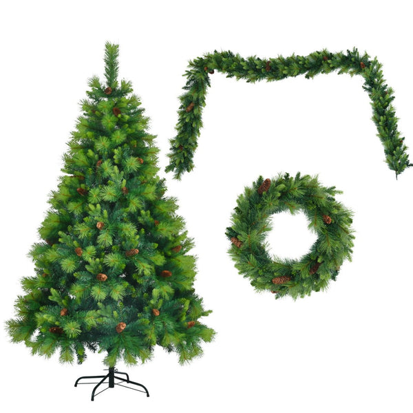 HomeRoots 6' Pre Lit Extra Full Pine Christmas Tree Set with Wreath & Garland - Cozy Holiday Décor Solution! 653853