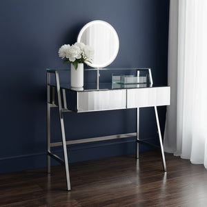HomeRoots 34" Silver Mirrored Glass Vanity Table with LED Mirror, Lights, and Ample Storage for Glam Spaces 653855