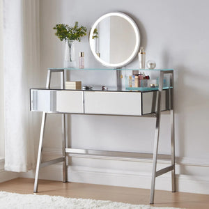 HomeRoots 34" Silver Mirrored Glass Vanity Table with LED Mirror, Lights, and Ample Storage for Glam Spaces 653855
