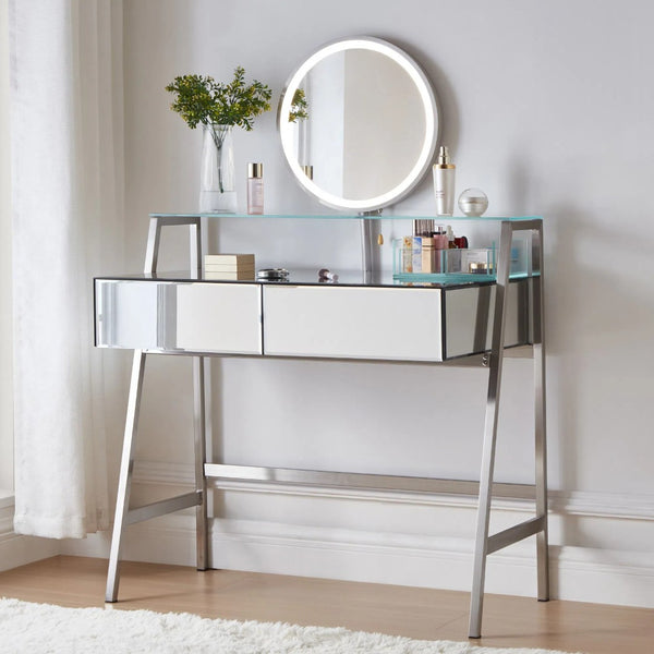 HomeRoots 34" Silver Mirrored Glass Vanity Table with LED Mirror, Lights, and Ample Storage for Glam Spaces 653855