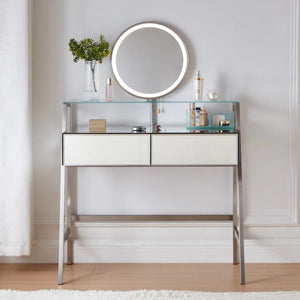 HomeRoots 34" Silver Mirrored Glass Vanity Table with LED Mirror, Lights, and Ample Storage for Glam Spaces 653855