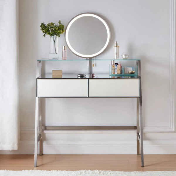 HomeRoots 34" Silver Mirrored Glass Vanity Table with LED Mirror, Lights, and Ample Storage for Glam Spaces 653855