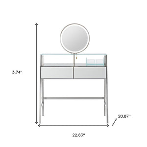 HomeRoots 34" Silver Mirrored Glass Vanity Table with LED Mirror, Lights, and Ample Storage for Glam Spaces 653855