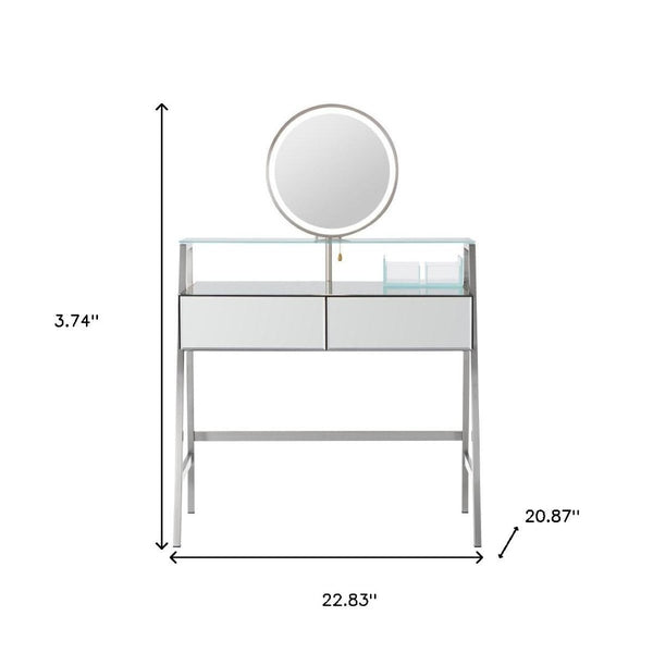 HomeRoots 34" Silver Mirrored Glass Vanity Table with LED Mirror, Lights, and Ample Storage for Glam Spaces 653855