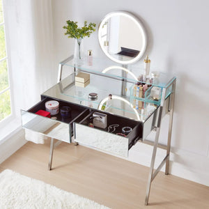 HomeRoots 34" Silver Mirrored Glass Vanity Table with LED Mirror, Lights, and Ample Storage for Glam Spaces 653855