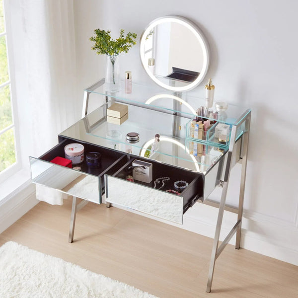 HomeRoots 34" Silver Mirrored Glass Vanity Table with LED Mirror, Lights, and Ample Storage for Glam Spaces 653855